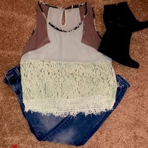 BKE Silk and Lace Sheer Tank Top